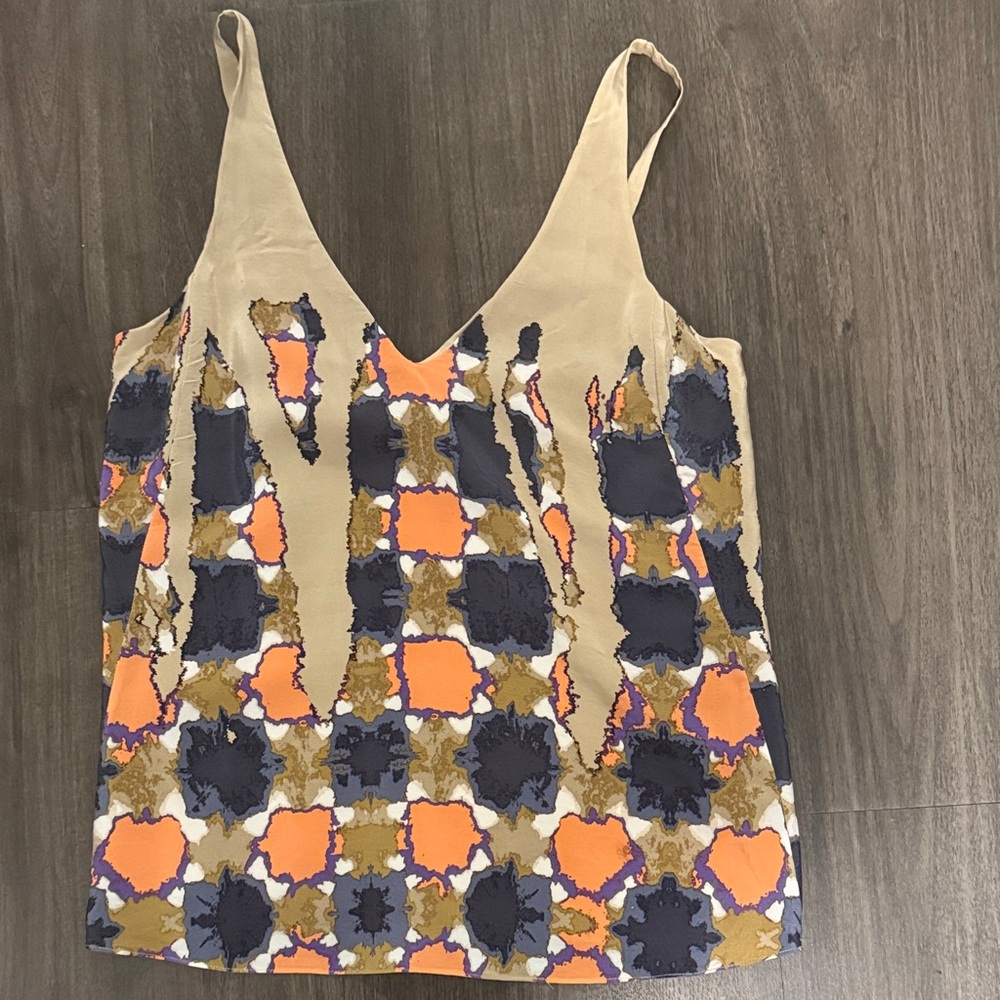 Tibi Tan and Navy Patterned Blouse